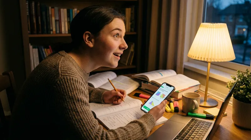 A high school student using an adaptive AI math tutor app on their smartphone to work through algebra equations in a notebook.