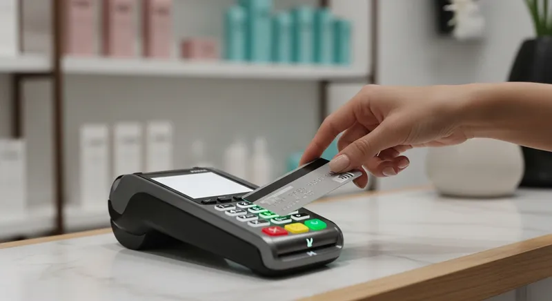 A customer's hand makes an effortless contactless payment on a modern EFTPOS terminal with a green light, signifying a successful and secure transaction at a sophisticated salon reception desk.