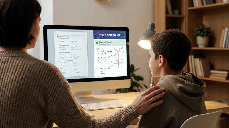 A parent and middle school student sitting at a desk, using an online scanner math solver on a computer monitor to view step-by-step algebra solutions.
