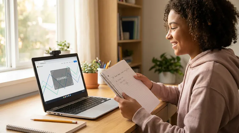 A smiling student holds a math notebook up to a Chromebook webcam to scan a handwritten equation using an online math solver at a tidy, phone-free desk.