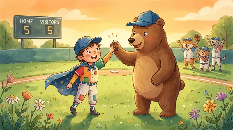 Children's book illustration of a young child in a baseball uniform and cape high-fiving a friendly cartoon bear on a sunny field, symbolizing teamwork and sportsmanship.