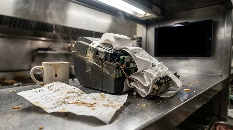 Jammed thermal printer with tangled paper next to a sleek KDS tablet.