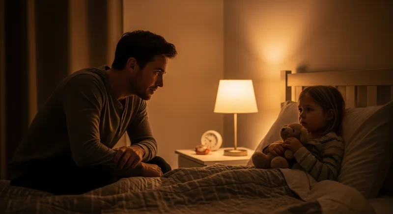 A parent sits on the edge of a child's bed, listening empathetically as an anxious child clutches a stuffed animal in a cozy, warmly lit bedroom.