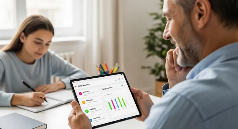A relieved parent smiles at a tablet displaying an educational progress dashboard while their teenager studies independently in a bright, modern home, illustrating the shift from quick-fix homework apps to deep, mastery-based learning.