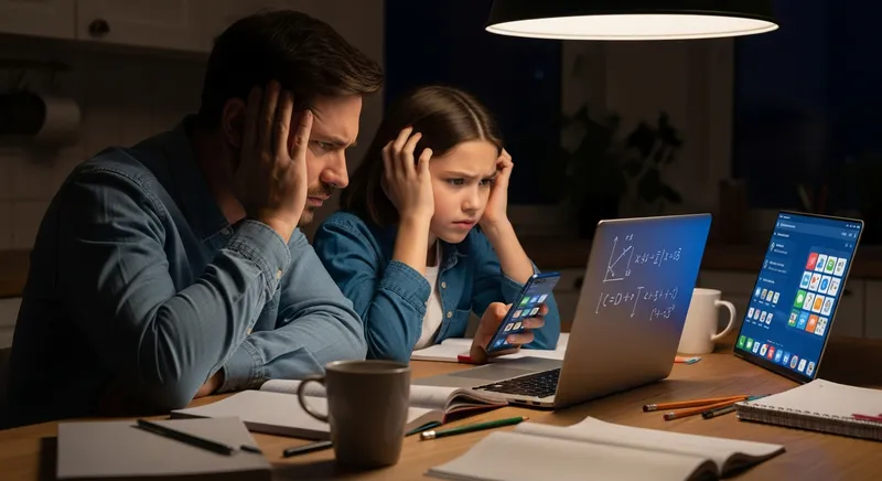 A stressed parent and middle school student looking frustrated while using a laptop and smartphone to solve math equations at a kitchen table late at night.