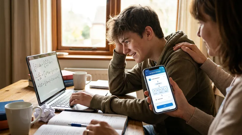 High school student reviewing AI math solver step-by-step solution on a smartphone.