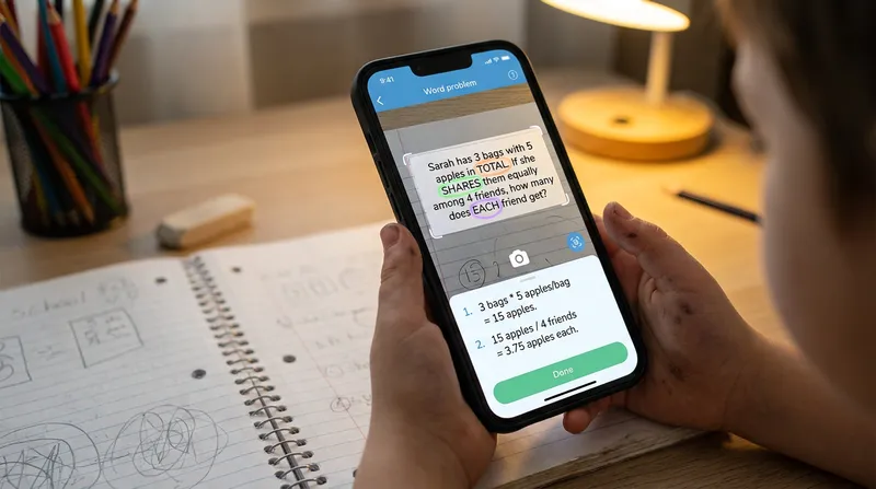 A child's hand holding a smartphone over a school notebook, using an AI math word problem solver app that highlights key terms and displays a simplified, step-by-step equation to solve the problem.