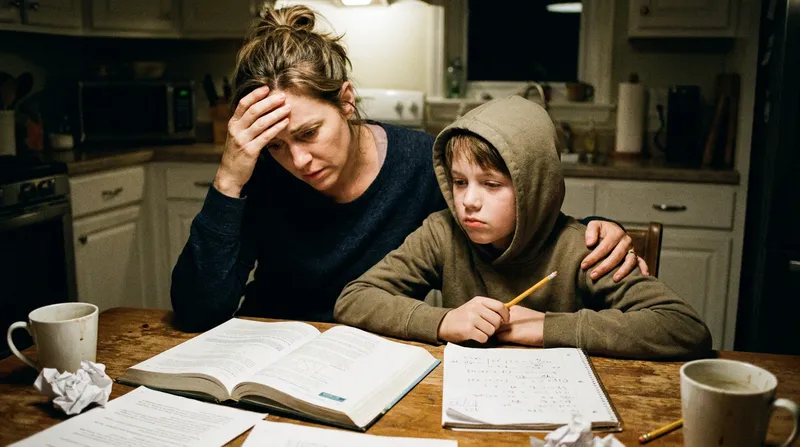 An overwhelmed boy freezes while trying to solve a math word problem at the kitchen table, as his concerned mother leans in to help.