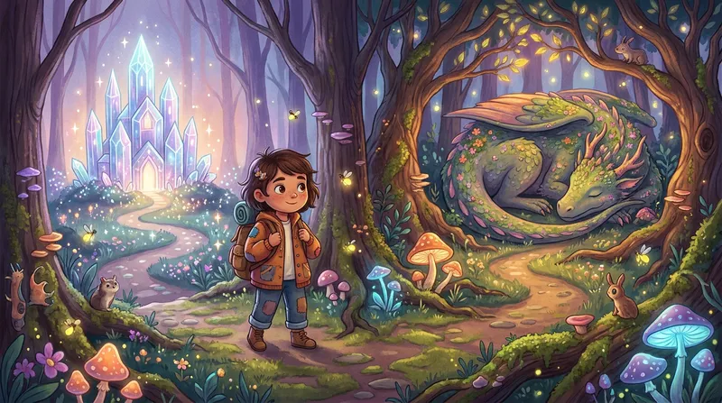 A whimsical children's book illustration of a brave young explorer standing at a fork in a magical forest path, representing choice in interactive storytelling. One path leads to a glowing crystal castle, while the other winds toward a gentle, sleeping dragon under ancient trees, surrounded by glowing mushrooms and fireflies in a warm, inviting digital art style.
