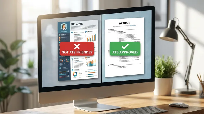 A computer monitor displaying a side-by-side resume comparison: a cluttered, multi-column layout marked "NOT ATS FRIENDLY" on the left, and a clean, minimalist, single-column layout marked "ATS APPROVED" on the right.