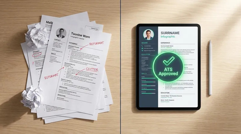 A split-screen flat-lay showing a resume transformation: on the left, a messy stack of hand-edited paper resumes, and on the right, a sleek tablet displaying a clean, ATS-approved digital resume.