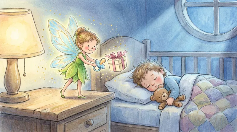 Whimsical Pacifier Fairy swapping a pacifier for a small gift on a nightstand while a toddler sleeps.