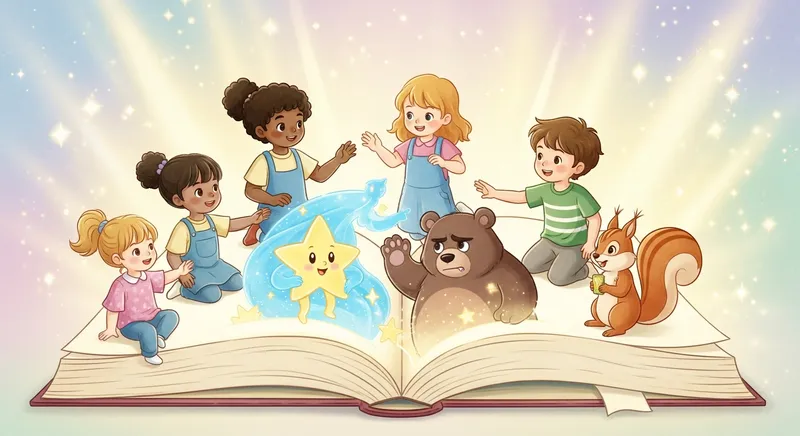 Whimsical digital watercolor illustration of four diverse children sitting on a giant glowing book, interacting with empathy and kindness toward magical pop-up characters like a shy star and a grumpy bear.