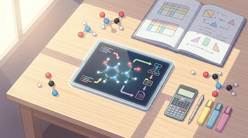 Flat-lay illustration of an organized chemistry study desk featuring a tablet with an AI homework solver, open notebook with ICE tables, and molecular models.