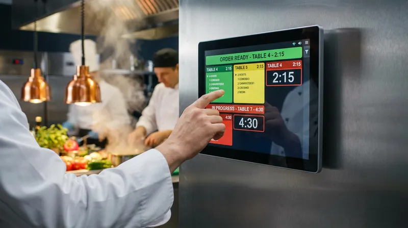A chef interacting with a Lazygrid digital Kitchen Display System (KDS) touchscreen in a busy QSR kitchen, displaying color-coded order tickets to streamline food preparation and speed.