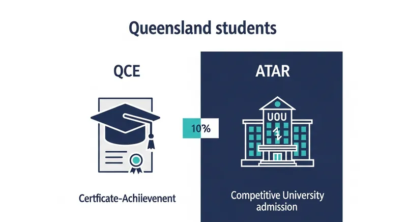 Infographic comparing QCE and ATAR for Queensland students, featuring a graduation cap icon for QCE certification and a university building icon for ATAR percentile ranking on a professional navy blue and teal split-screen.