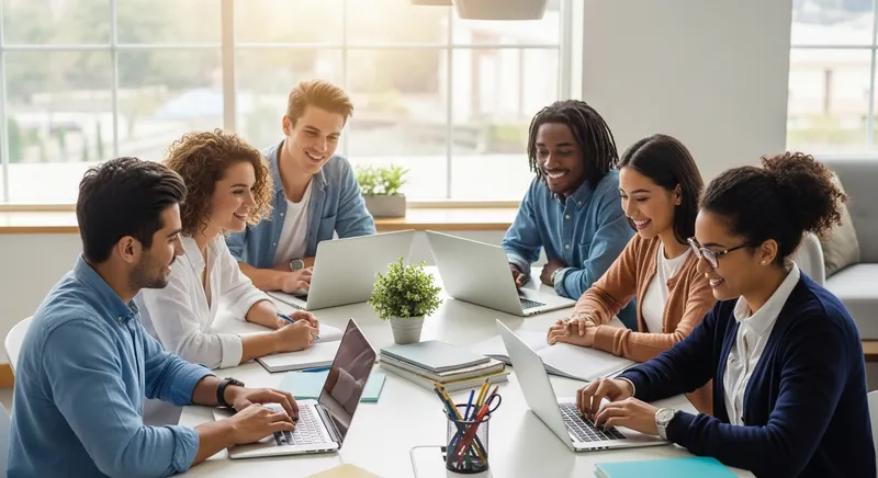 A diverse group of ambitious senior high school students collaborating with laptops in a bright, modern study lounge, representing academic focus and teamwork for QCE and ATAR success.