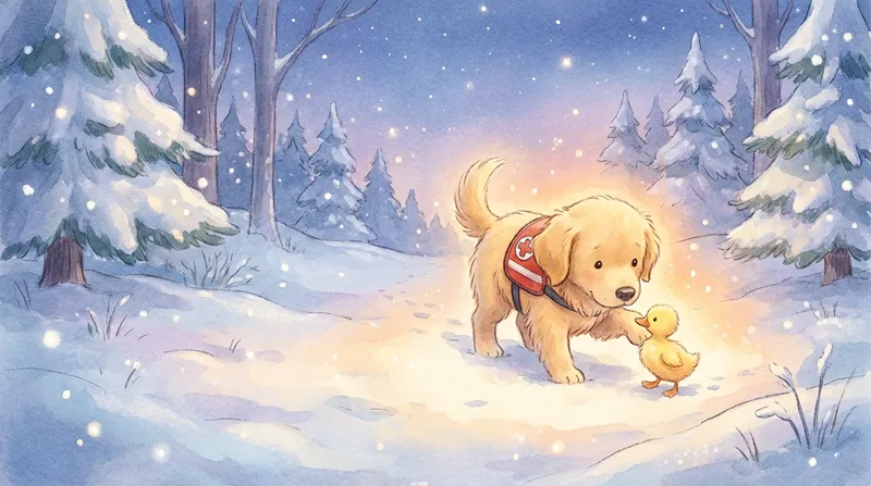 Whimsical children's book illustration of a gentle golden retriever in a red rescue vest guiding a tiny yellow duckling along a snowy path in a twilight forest.
