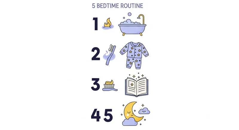 A whimsical 5-step bedtime routine chart for kids featuring minimalist icons for bath time, cozy pajamas, brushing teeth, reading a story, and sleep in a calming blue and lavender color palette.