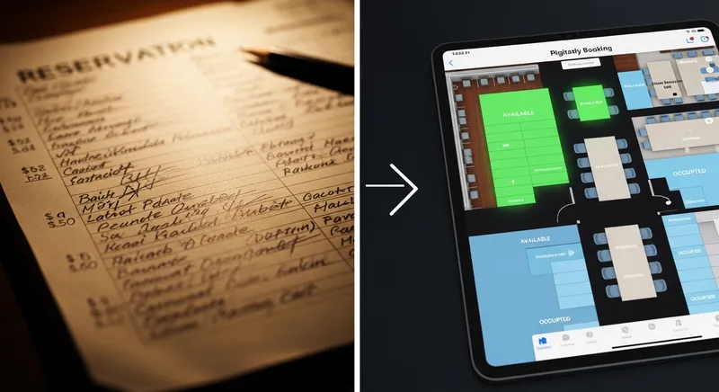 Comparison of a paper reservation book and a digital table management system on a tablet.