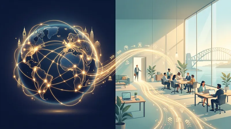 A conceptual graphic showing a glowing golden path connecting a dark blue holographic global map to a sunlit Sydney office overlooking the Harbour Bridge, symbolizing the transition of international skills to the Australian job market.