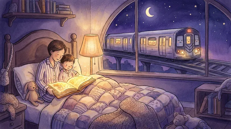 A cozy digital watercolor illustration of a parent and child reading a glowing bedtime story in a warm city apartment, with a friendly subway train gliding past the window under a starry night sky.