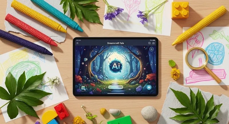 A tablet with an AI story app surrounded by crayons, building blocks, and a magnifying glass.