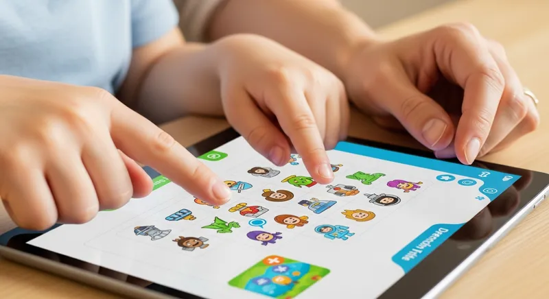 Close-up of a child's small hands and a parent's guiding hands collaboratively interacting with a tablet, displaying the