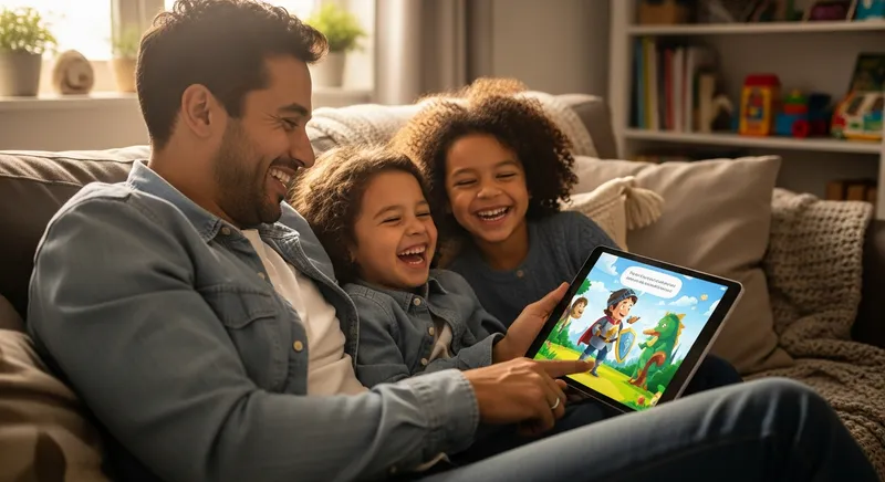 A diverse parent and child (age 5-7) genuinely laugh, eyes sparkling, as they comfortably sit on a plush couch. They jointly hold a tablet displaying a vibrant, animated storybook illustration where the child is a courageous knight on an adventure. Warm golden hour light streams from a window, illuminating the cozy scene with blurred bookshelves and toys in the background, emphasizing joyful, imaginative, and interactive shared storytelling.