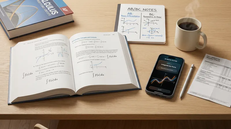 AP Calculus study desk with AB vs BC notes, AI math tutor app on smartphone, and weighted GPA report card.