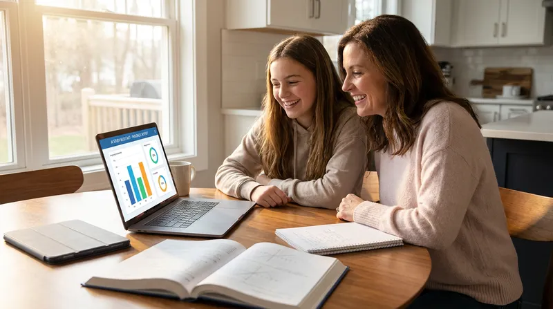 A high school student and parent look relieved while using an AI study assistant on a laptop to view GPA charts, with an AP Calculus textbook on their sunlit kitchen table.