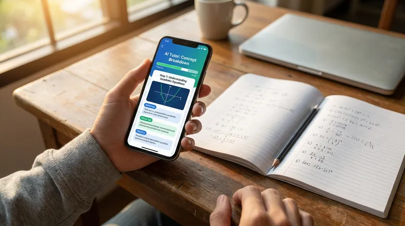 A first-person view of a student using a smartphone AI tutoring app for step-by-step math help at a sunny study desk with a notebook and laptop.