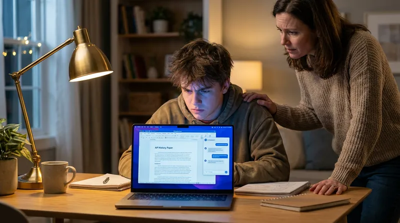 A stressed student gets AI homework help on a laptop while a parent provides support, illustrating safe after-hours academic assistance.