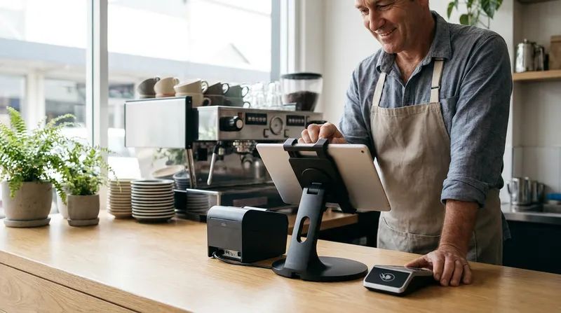 New Zealand cafe owner using a modern cloud-based tablet POS system and payment terminal at a service counter.