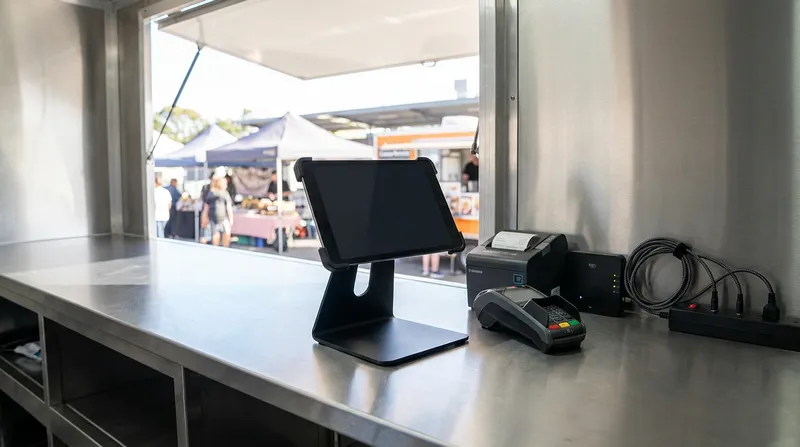 Mobile food truck POS hardware setup featuring a mounted tablet, handheld EFTPOS terminal, and thermal receipt printer on a stainless steel counter.