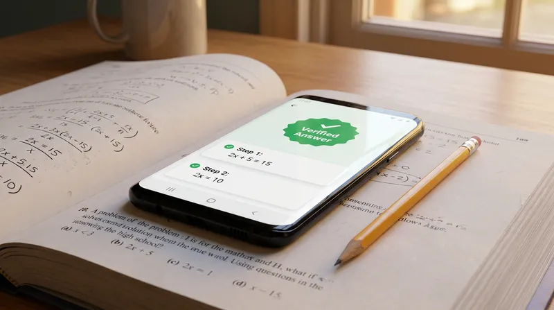 A smartphone displaying a step-by-step algebra solution with a green "Verified Answer" badge rests on an open high school math textbook next to an unused pencil.