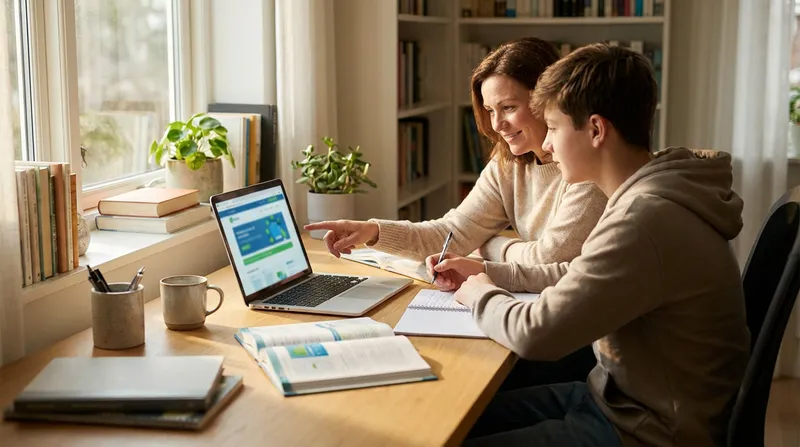 A supportive parent and teenage student look at an educational website on a laptop together in a bright, cozy home study.