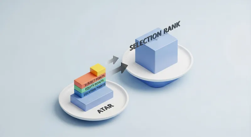 A 3D isometric infographic of a balance scale illustrating how a base ATAR is combined with Subject, Equity, and Location adjustment points to reach a higher Selection Rank.