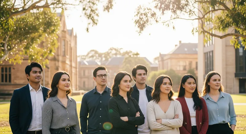 A diverse group of Australian Year 12 students standing on a sun-drenched university campus with historic sandstone buildings, looking toward the horizon with confidence.