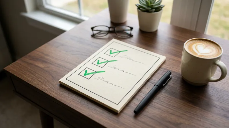 A professional recruiter's desk featuring a coffee mug, pen, and a notepad with green checkmarks on a job interview evaluation checklist.