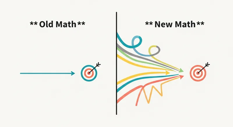 A split-screen infographic titled "Old Math" and "New Math." The left side shows a single straight arrow representing a rigid, linear approach to a target. The right side shows multiple colorful, winding paths converging on the same target, illustrating diverse problem-solving strategies in modern education.