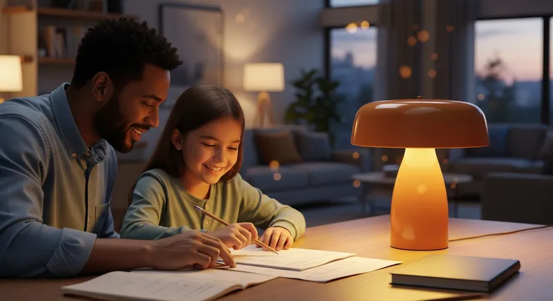 A parent and elementary-aged child sharing a peaceful "aha" moment over a math worksheet at a modern kitchen table, illuminated by warm golden light.
