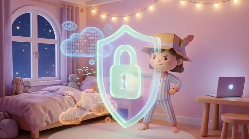 Whimsical 3D illustration of a young child in pajamas holding a glowing digital shield with a padlock icon to block floating binary code and data symbols in a cozy bedroom.