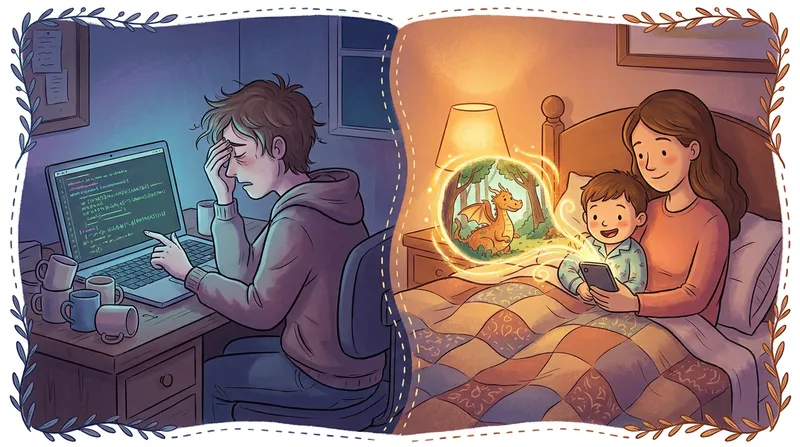 A split-screen illustration contrasting the frustration of DIY AI prompting with the ease of a dedicated story generator. On the left, a stressed parent switches between multiple browser tabs and loading screens on a laptop under dim light. On the right, a relaxed parent and child cuddle in a warm, cozy bedroom, enjoying a magical illustrated story on a smartphone.