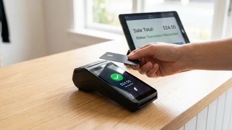 A hand tapping a contactless card on an EFTPOS terminal displaying a $24.50 transaction, matching the reconciled status on an iPad POS screen via 2-way integration.