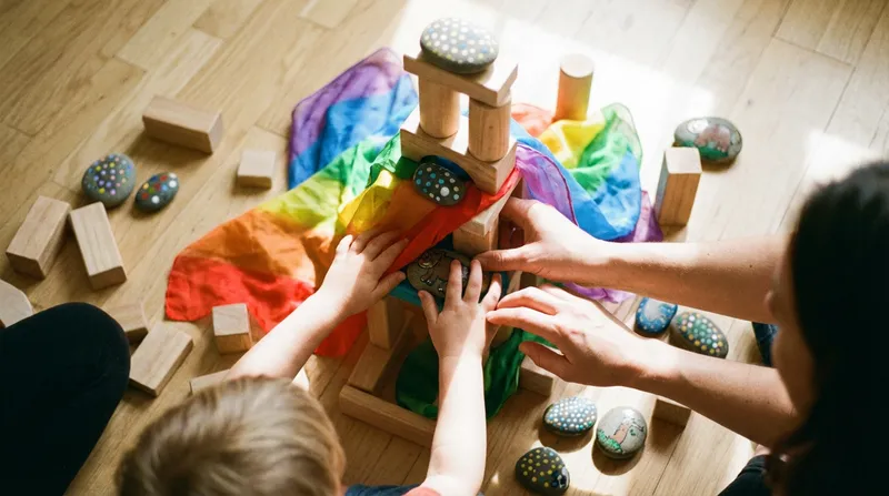 A close-up, top-down shot of a child's hands and a...