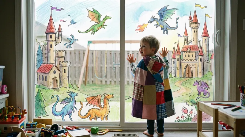 A young child in a homemade cape looks out a windo...