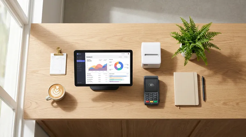 Modern cafe point-of-sale setup featuring a tablet POS system, wireless EFTPOS terminal, and receipt printer on an oak counter beside a flat white.