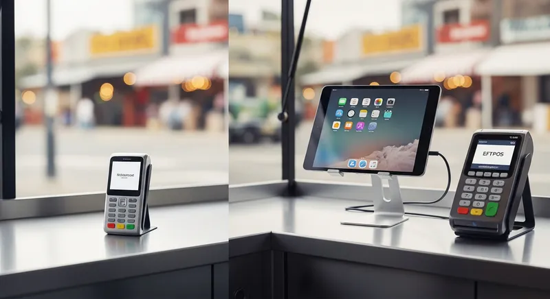 Side-by-side comparison of a minimalist international card reader versus a robust New Zealand-style POS system featuring a Lazygrid iPad Pro and integrated standalone EFTPOS terminal in a modern food truck.