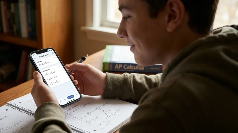 A close-up of a student studying AP Calculus, using an AI calculus solver app on their smartphone to view a step-by-step integration solution next to a notebook with handwritten notes.